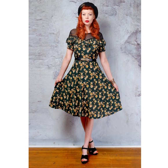 Green floral sheer neckline rockabilly dress 1950s - Picture 3 of 6